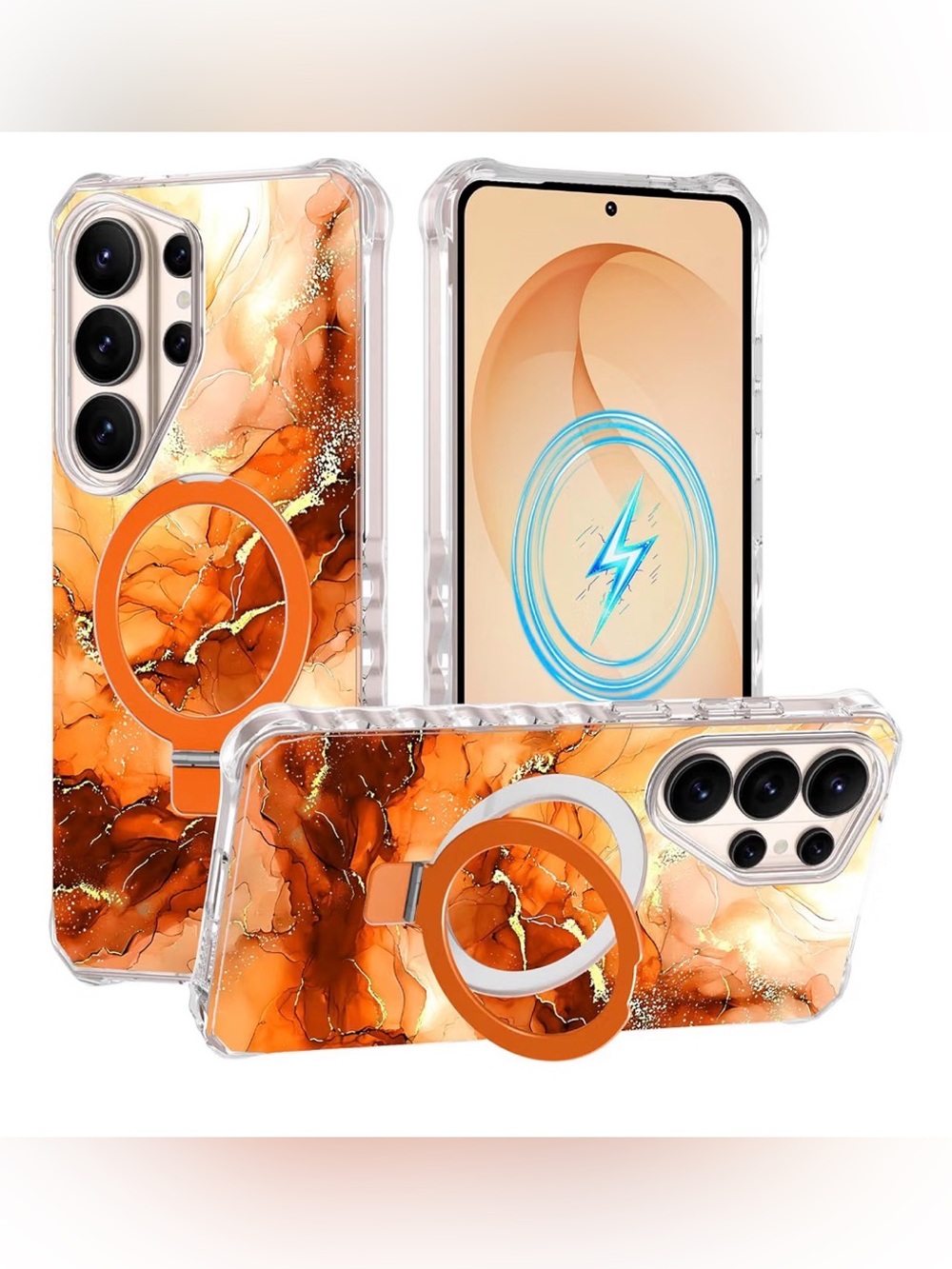 Orange Marble Magnetic Phone Case with Hidden Ring Stand for Galaxy S26 Ultra